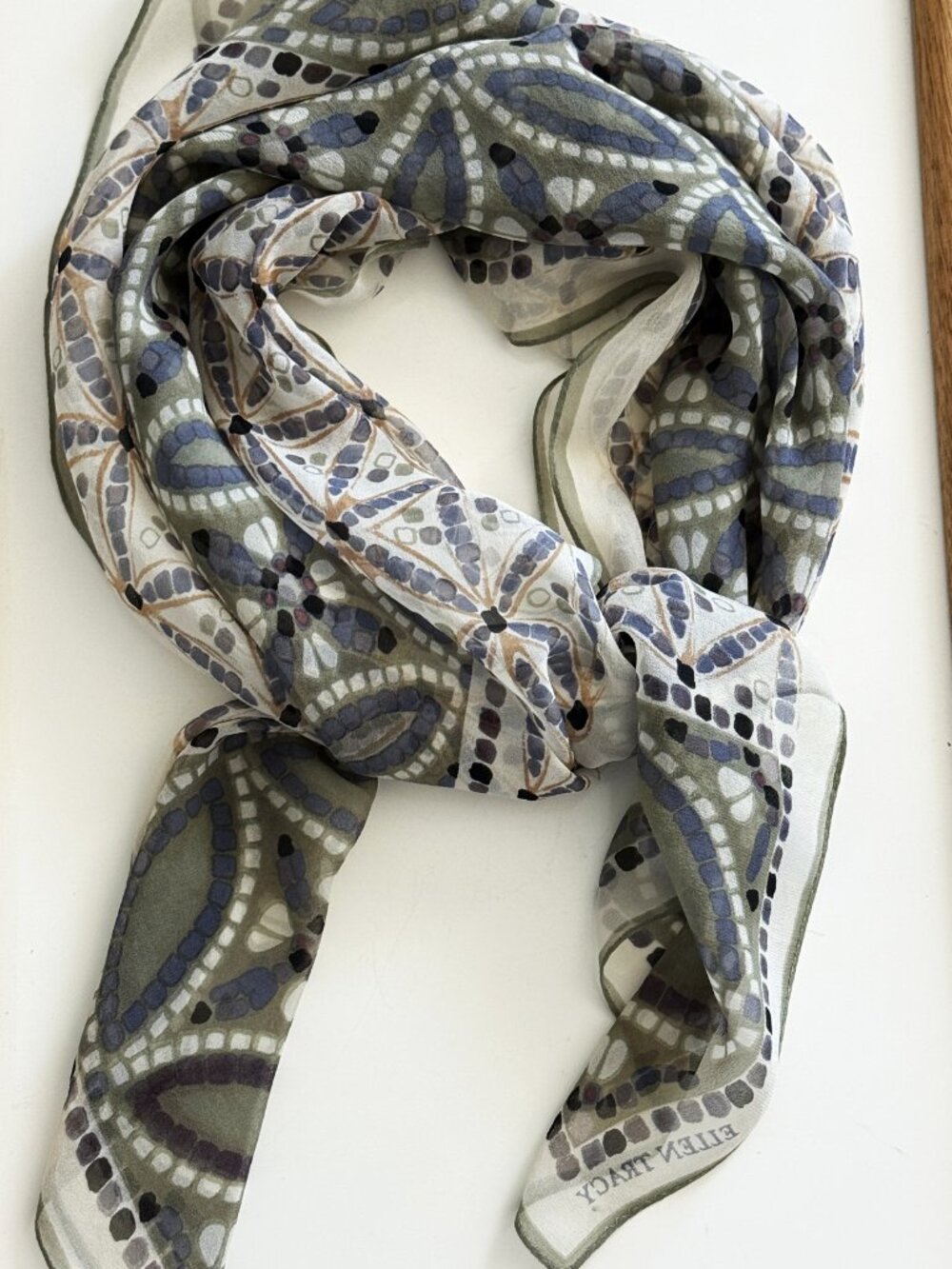 Ellen Tracy Green and White Silk Scarf, 32" Square